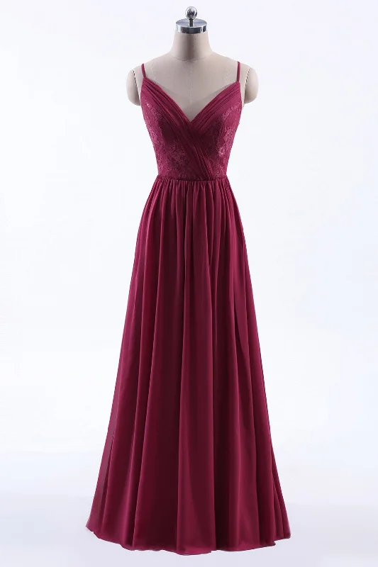 Sophisticated Style Offers Feminine Soft - Hued Styles Wine Red Chiffon A-line Long Pleated Bridesmaid Dress