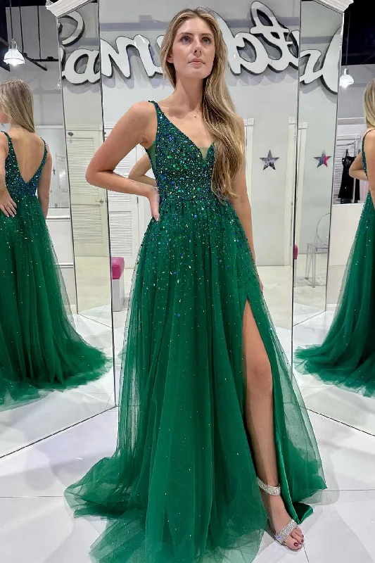 Classic Elegance Sales Grab Romantic Date - Night Styles Now Roycebridal Raquel | V-Neck Hunter Green Beaded Tulle Prom Dress with Slit