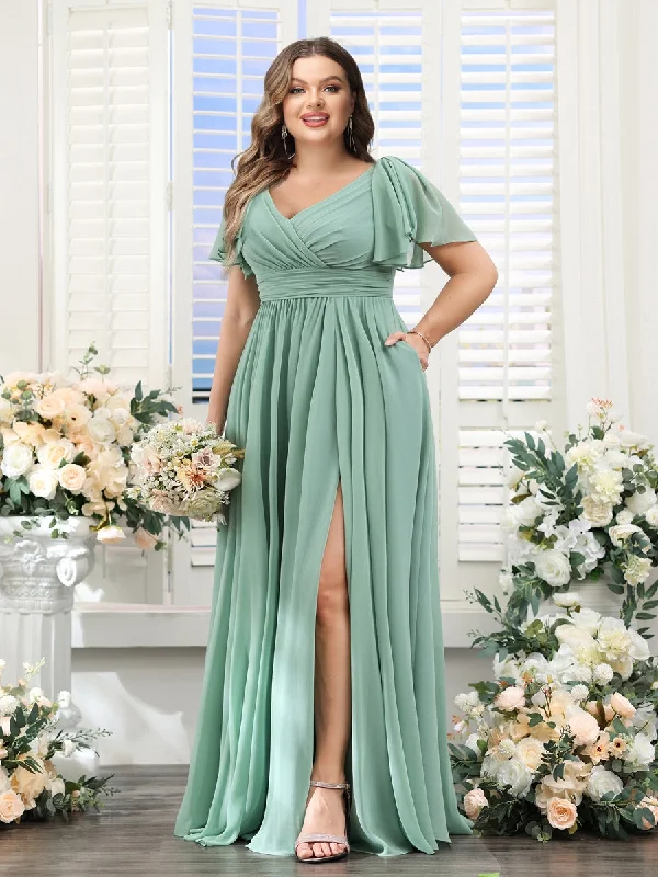 Hot Deals Flash Deals A-Line V-Neck Short Sleeves Split Side Chiffon Plus Size Bridesmaid Dresses with Pockets