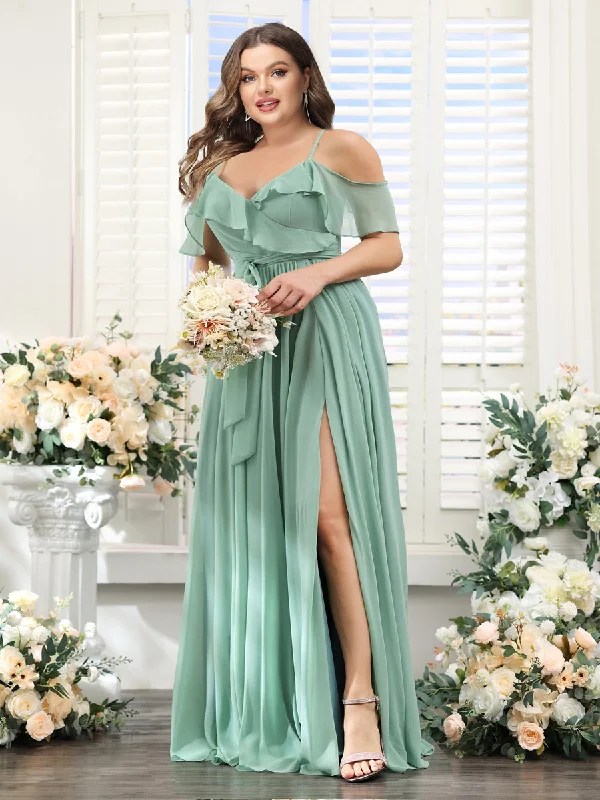 Season Offer Update with Cottagecore Styles A-Line V-Neck Spaghetti Straps Chiffon Plus Size Bridesmaid Dresses with Pockets