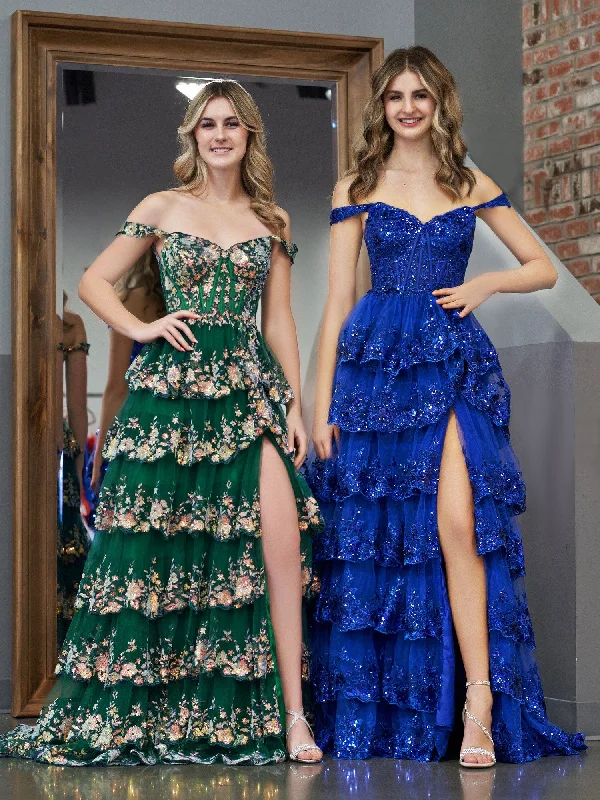 Boutique Styles Playful Elegance Roycebridal Royal Blue Princess A Line Off the Shoulder Corset Prom Dress with Lace Ruffles