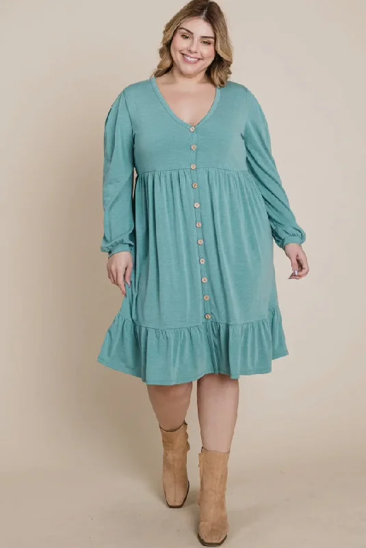 Sustainable Fashion Extravaganza Elegant Details Dress - Solid Spandex Long Sleeve Dress, Sage, Plus Size