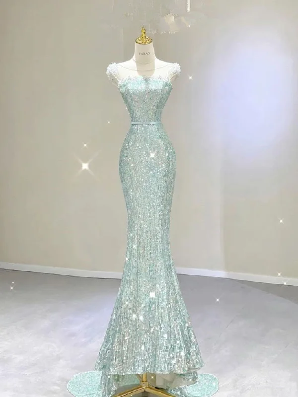 Limited Time Deal Luxury Comfort Elegant Mermaid Strapless Sequin Mint Green Sleeveless Long Prom Dresses C3487