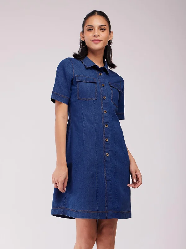 Hot Picks End - of - Month Blowout Denim Shirt Dress - Blue