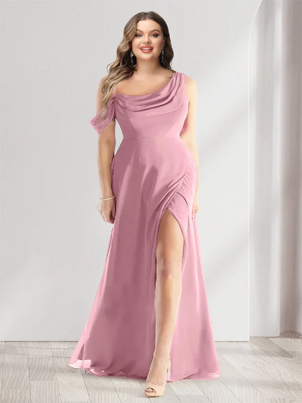 Sophisticated Street Style Offers Minimalist Chic Sheath/Column Cowl Neck Sleeveless Floor-Length Chiffon Plus Size Bridesmaid Dresses with Split Side