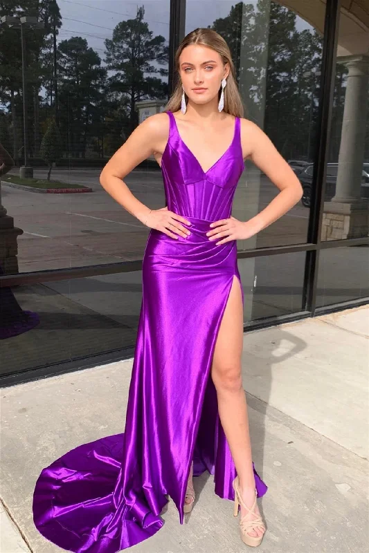 Bold Style Discounts Disco - Inspired Retro Dance Look Roycebridal Lara | Grape Mermaid Satin V Neck Long Prom Dress with Slit