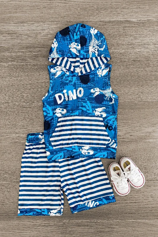 Flash Sale, Don'T Miss Tropical Island - Inspired Attire "Dino" Striped Sleeveless Hoodie Short Set