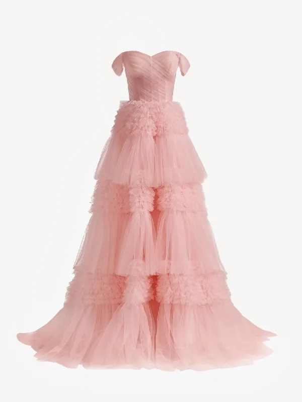 Latest Fashion Sophisticated Cut Roycebridal Zariah | Blush Princess A line Off Shoulder Ruffled Tulle Prom Dress