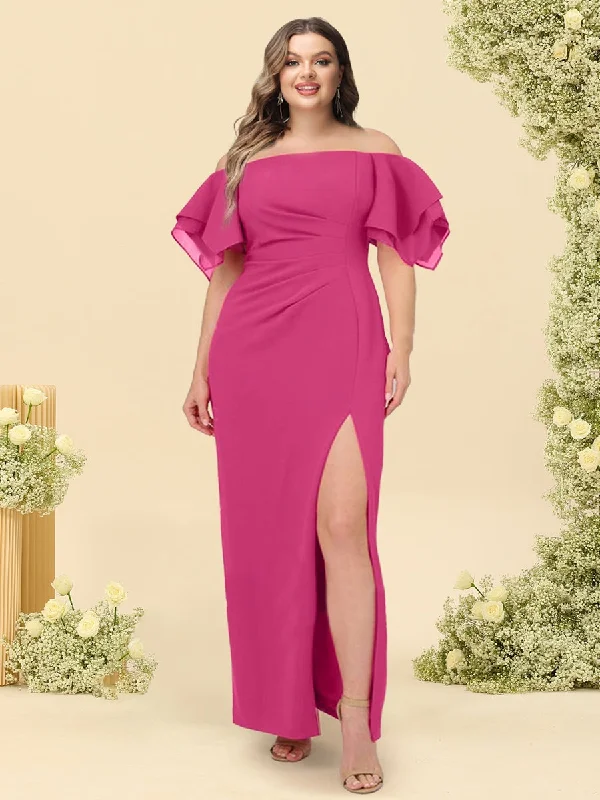 Fast Fashion Favorites Flash Sale Sheath/Column Off-the-Shoulder Short Sleeves Plus Size Bridesmaid Dresses with Split Side