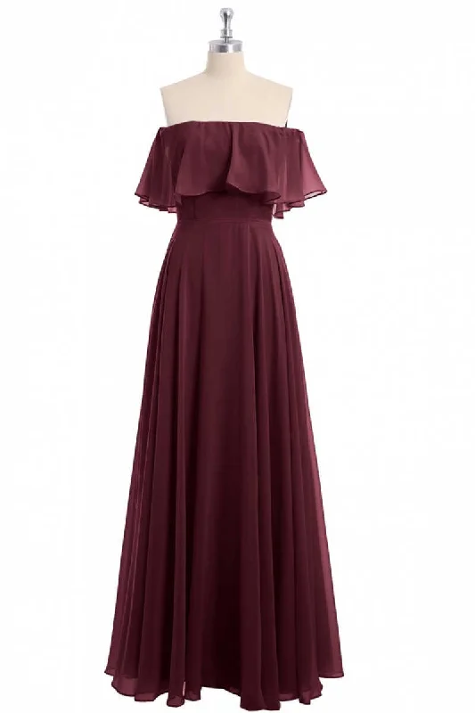 Exclusive Discounts Seasonal Trend Burgundy Chiffon Strapless Ruffled A-Line Long Bridesmaid Dress