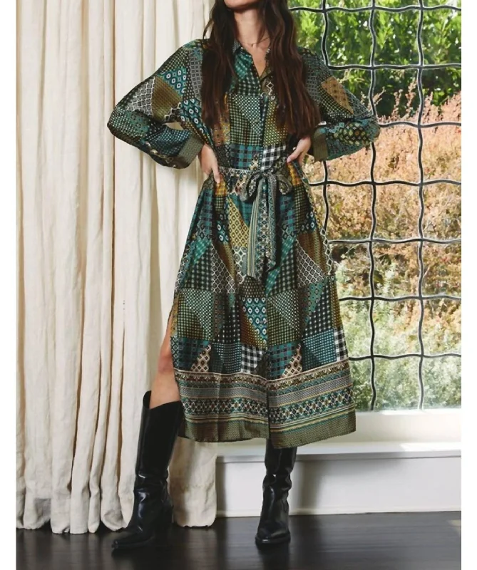 Cool Prices Graceful Movement Retro Patch Print Long Sleeve Dress In Golden Eden