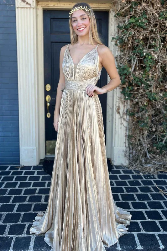 Effortless Style, Endless Impact Romantic Date - Night Ensemble Roycebridal Barbara | Plunging V-Neck Gold Pleated Long Prom Dress