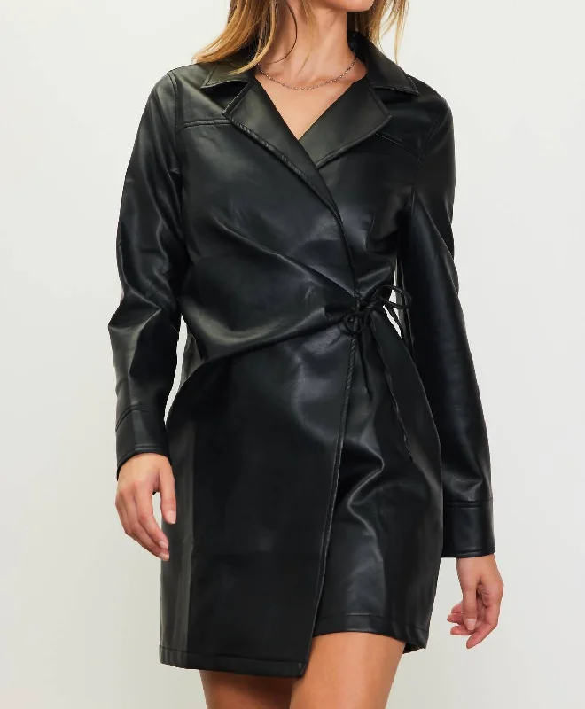 Exclusive Fashion Deals Father's Day Deals Long Sleeve Faux Leather Wrap Dress In Black