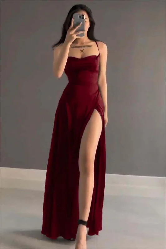 Luxury Fashion Boho - Chic Festival - Ready Style Simple Stain Spaghetti Strap Sleeveless Long Prom Dress with Split     cg25245