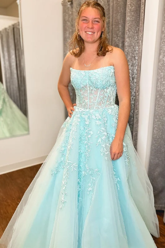 Retro Style Promotions Score Big on Glamorous Red - Carpet Styles Roycebridal Nell | Aqua Blue Appliques Strapless A-Line Long Prom Dress