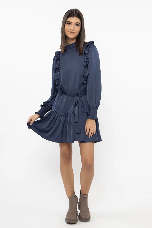 Season Sale Bold Silhouette Wonderous Navy Satin LS Mini Dress