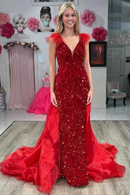 Limited Time Offer Clearance Event Roycebridal Lilianna | V-Neck Red Sequin Feathers Long Prom Dress with Cape