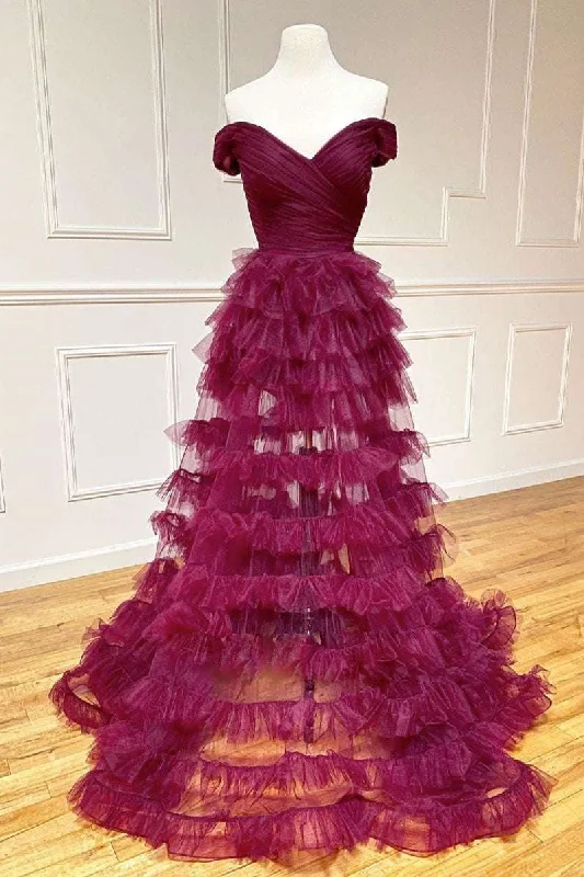 Essentials On Sale Casual Weekend Relaxed Style Roycebridal Fallon | Off the Shoulder Dark Berry Pleated Sheer Tiered Prom Dress