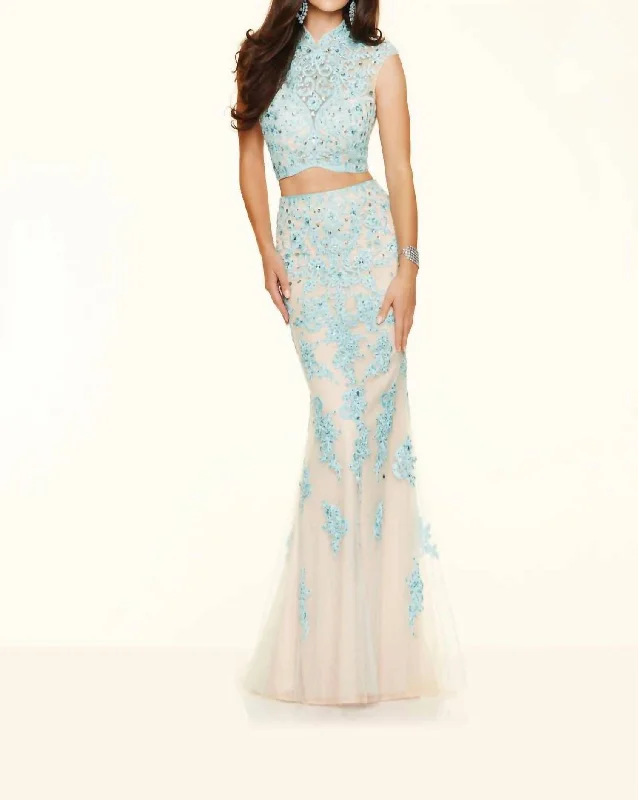 Street Style Discounts Subtle Sophistication Beaded Lace Gown In Aqua/nude