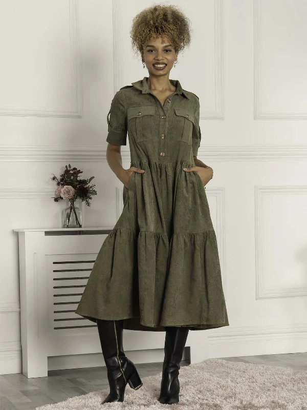 Easy Elegance Sales Flowy Fabric Jolie Moi Military Tiered Shirt Dress, Soldier Green