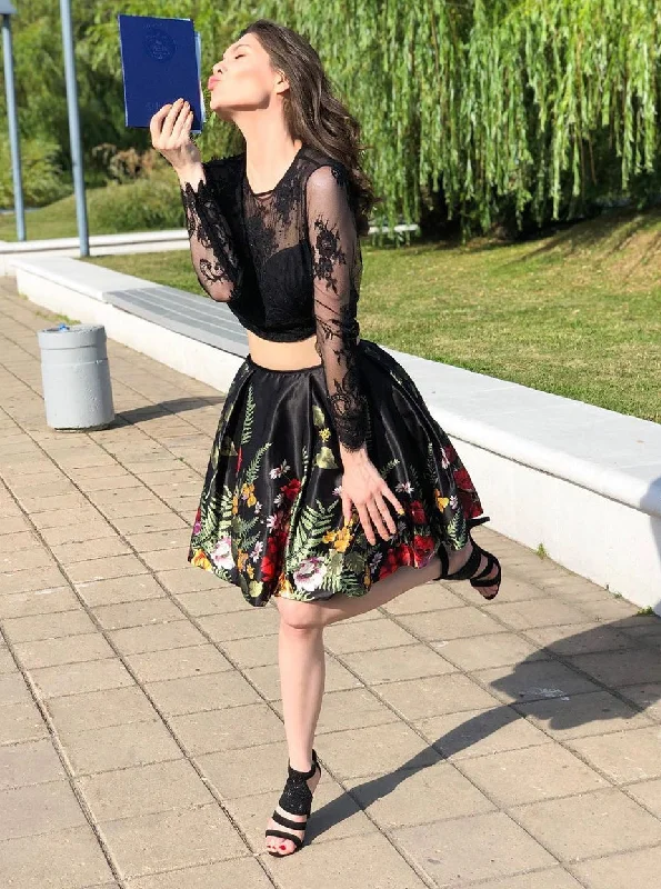 Daring Fashion Promotions Casual Weekend Relaxed Style Lace Long Sleeve Jewel Black Homecoming Dress Two Pieces Short Prom Dress OM520