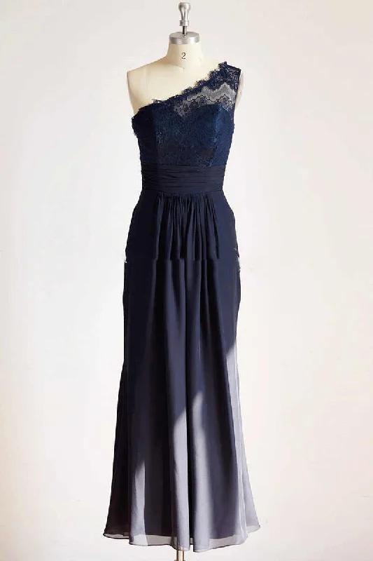 Step Ahead, Lead The Trend Flash Deals One-Shoulder Navy Blue Lace Long Bridesmaid Dress