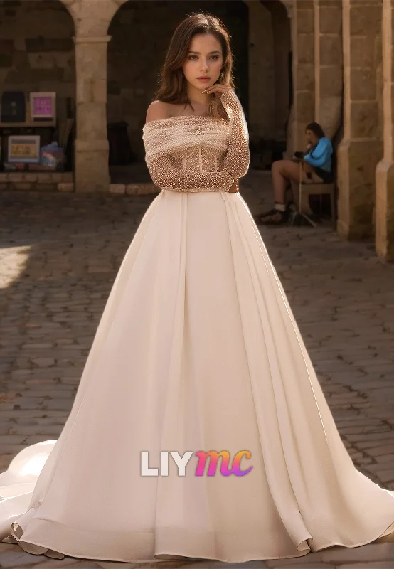 Winter Warehouse Sale Casual Elegance Off-Shoulder Long Sleeves Pleated Satin A-Line Wedding Dress