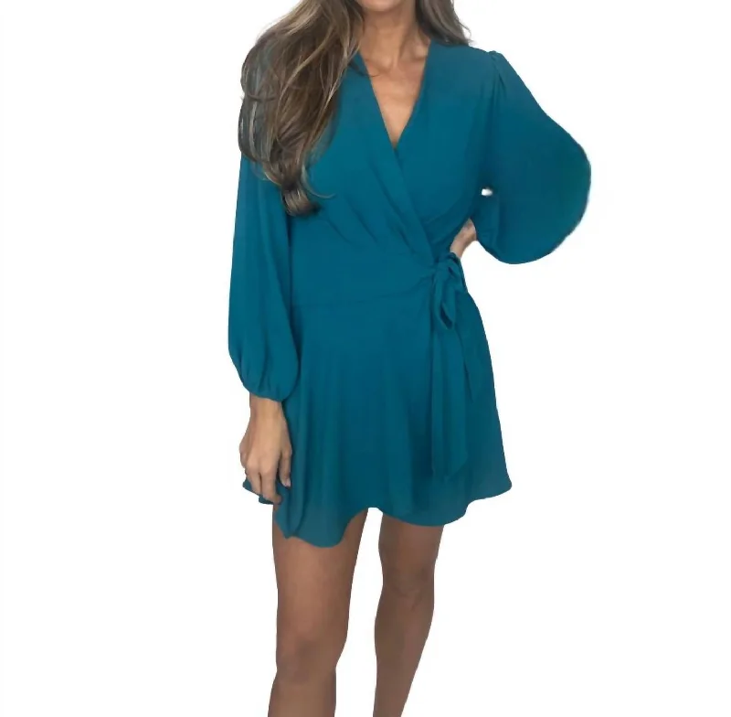 Clearance Sale, All Cheap Boho - Chic Festival - Ready Style Long Sleeve Side Tie Wrap Dress In Teal