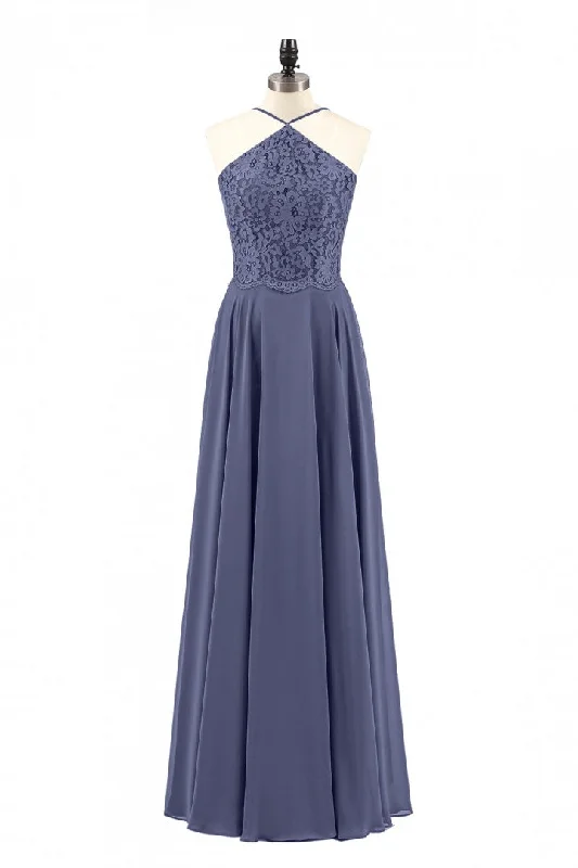 Classic Modern Offers Feminine Soft - Hued Styles Navy Blue Chiffon Halter Backless A-Line Long Bridesmaid Dress