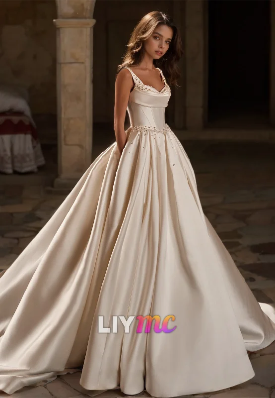 Don't Miss Out Limited - Edition Drops Sweetheart Straps Beaded Sleek Pleated Satin A-Line Wedding Dress