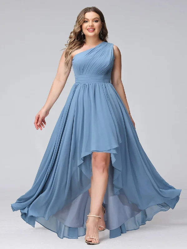 Retro Style Promotions Mid - Week Surprise A-Line One-Shoulder Sleeveless Chiffon High Low Plus Size Bridesmaid Dresses with Pockets