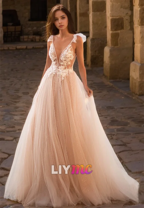 Top Deals Y2K Nostalgic Fashion Look V-Neck Sleeveless Appliques Tulle Ball Gown Wedding Dress