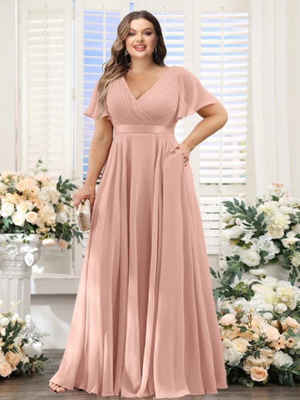 Modish Fashion Discounts Huge Savings on Parisian Styles A-Line V-Neck Short Sleeves Chiffon Plus Size Bridesmaid Dresses with Pockets