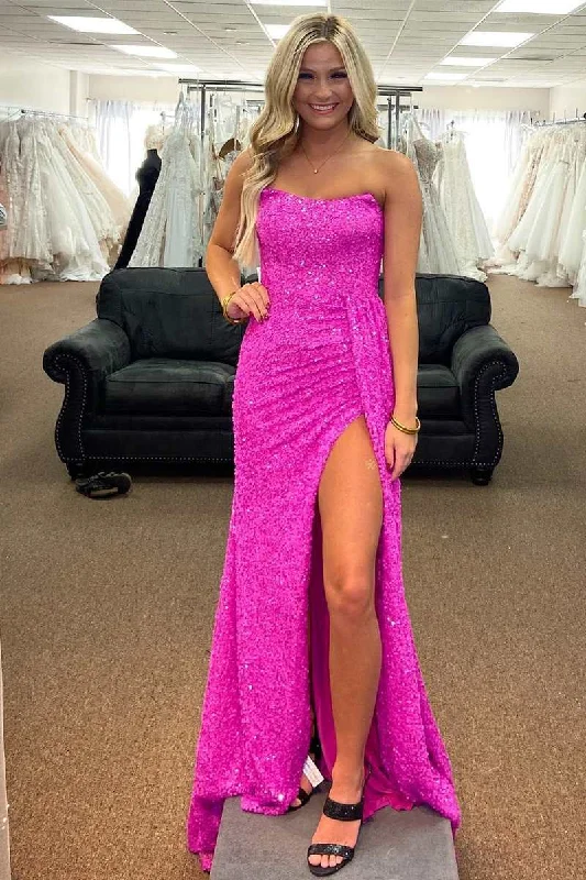 Casual Fashion Polished Finish Roycebridal Fuchsia Mermaid Strapless Sequins Lace-Up Long Prom Dress with Slit