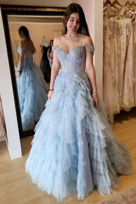 New In This Season Refined Simplicity Roycebridal Oaklyn | Light Blue Appliques Off-the-Shoulder Ruffle Tiered Long Prom Dress