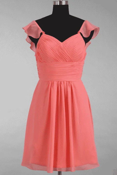 Snag Fabulous Fashion Bargains Big Savings on Rustic Countryside Styles Coral Pink Chiffon Ruffled Straps A-Line Short Bridesmaid Dress