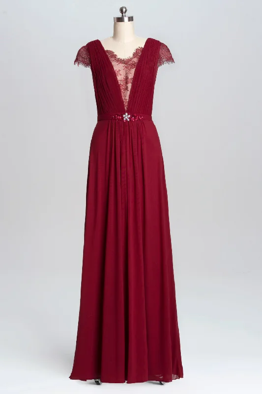 Romantic Fashion Discounts Update with Cottagecore Styles Wine Red A-line Chiffon Long Bridesmaid Dress with Cap Sleeves