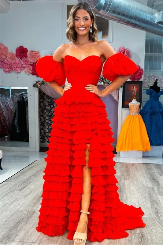 Flash Sale Bold Patterns Roycebridal Wendy | Sweetheart Red Tiered Tulle Prom Dress with Balloon Sleeves