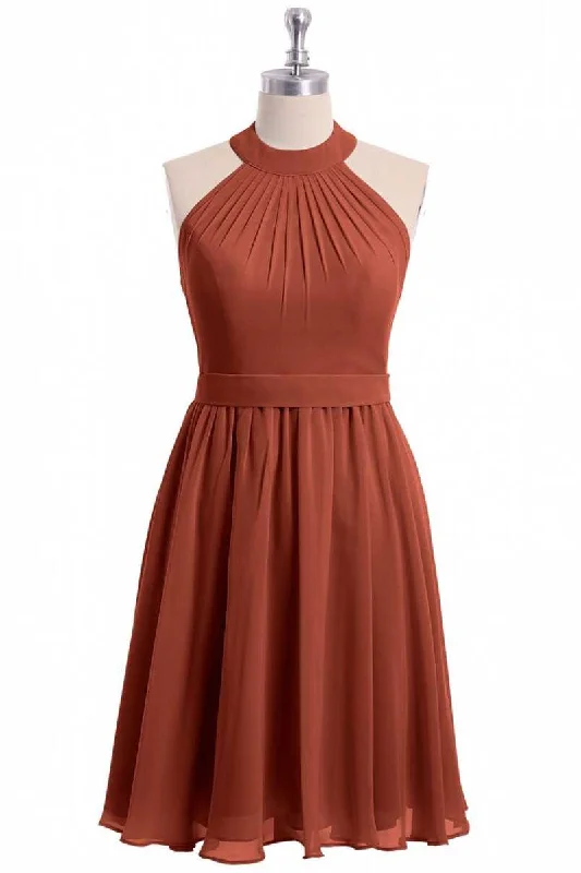 Seasonal Clearance Save on Classic Elegant Styles Rust Orange Chiffon Halter Backless A-Line Short Bridesmaid Dress