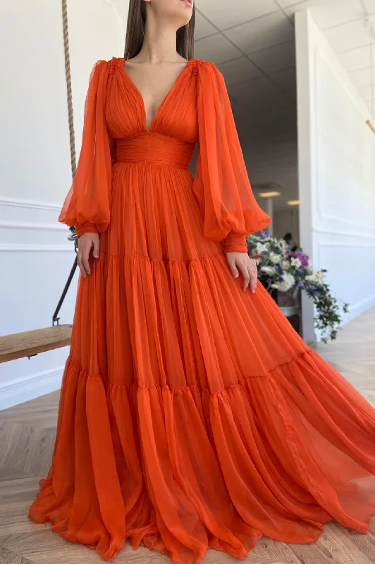 Modern Fashion Sale Rustic Countryside Charm Look Roycebridal Iyla | Orange Chiffon Floor Length Prom Dress, Long Sleeve Evening Party Dress