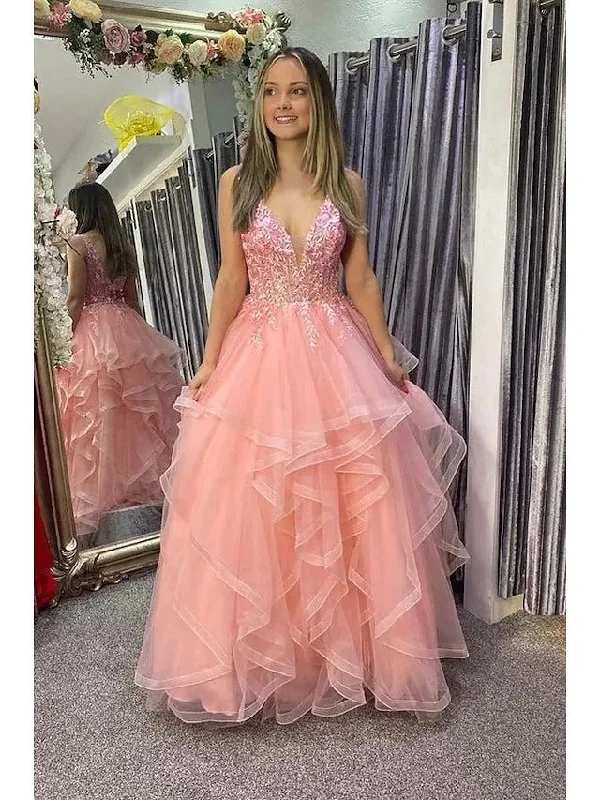 Bold Fashion Sales Clearance Event Roycebridal Nanalia | A-Line Prom Dresses Princess Dress Formal Floor Length Sleeveless V Neck Tulle Backless with Pleats Appliques