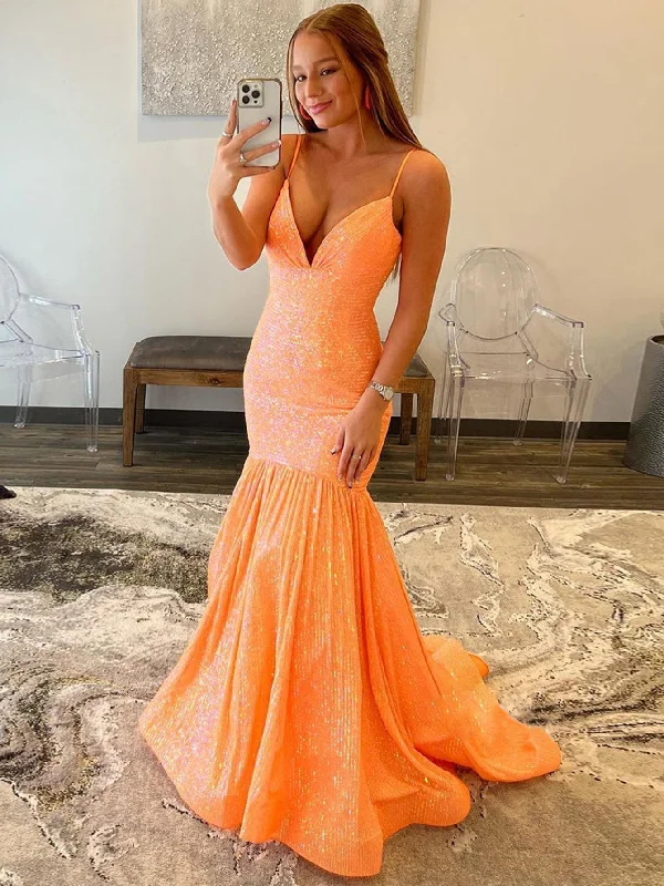 New Season Fashion Preview Refined Simplicity Roycebridal Amaris |Mermaid Orange V Neck Sequins Prom Dress