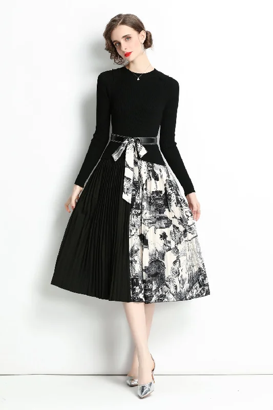 Romantic Chic Deals Alluring Design Black & White Office A-line Crewneck Long Sleeve Below Knee Pleated Dress