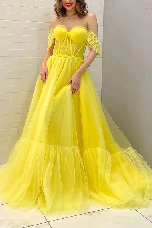 Season Offer Holiday Sale Roycebridal Lexie | A Line Off the Shoulder Yellow Corset Prom Dress