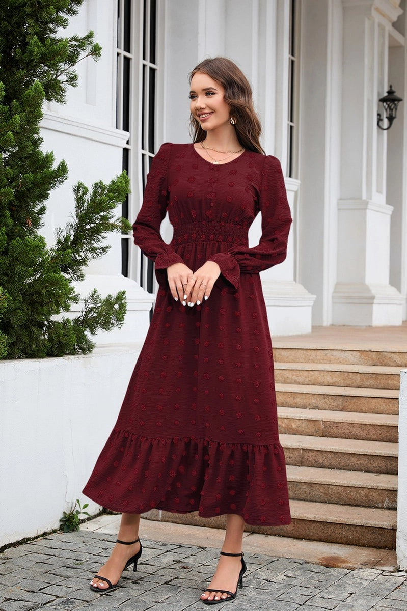 Fashion Forward Minimalist Chic Dress - V-Neck Long Sleeved Jacquard Waist Dress, Red, Also Plus Size