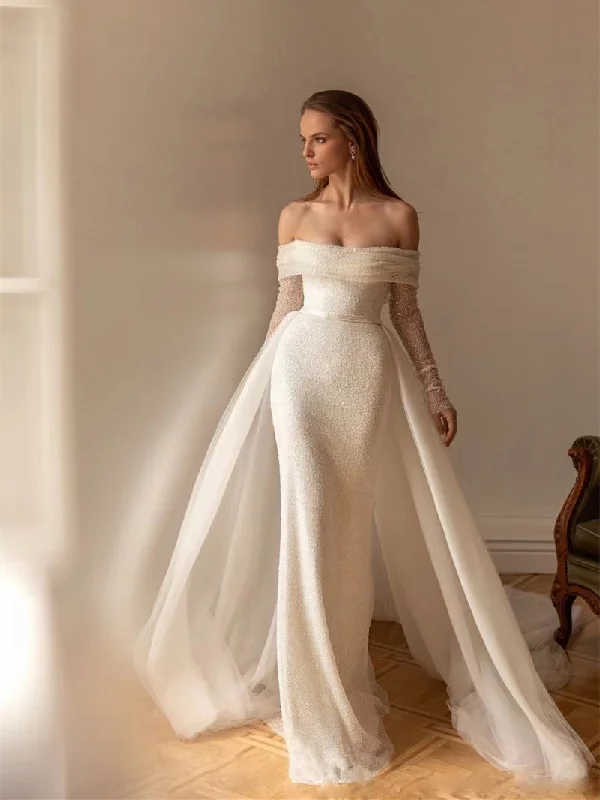 Buy More, Save More Flowy Fabric Off Shoulder Beaded Sequin Bridal Gown, 2 Pieces Wedding Dresses, Popular 2022 Wedding Dresses, Newest Bridal Gown