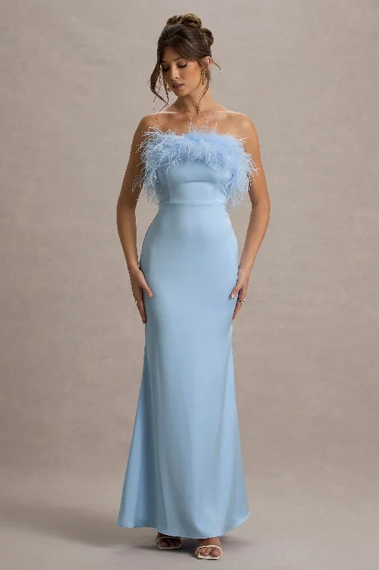 Chic And Trendy Elevated Style Dress For It | Powder Blue Satin Feather Trim Bandeau Maxi Dress