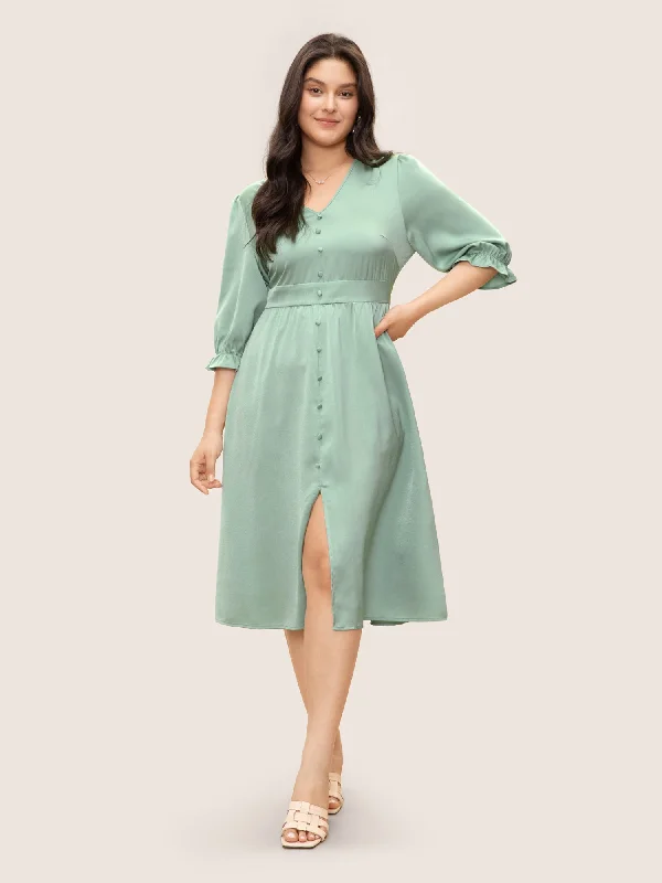 Comfort Meets Fashion Limited - Stock Plain Ruffles Button Detail Split Front Satin Dress