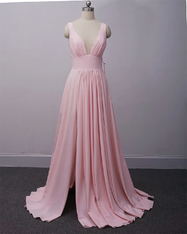 Mega Sale Limited - Stock Pink Summer V Neck Bridesmaid Dresses Long PL210