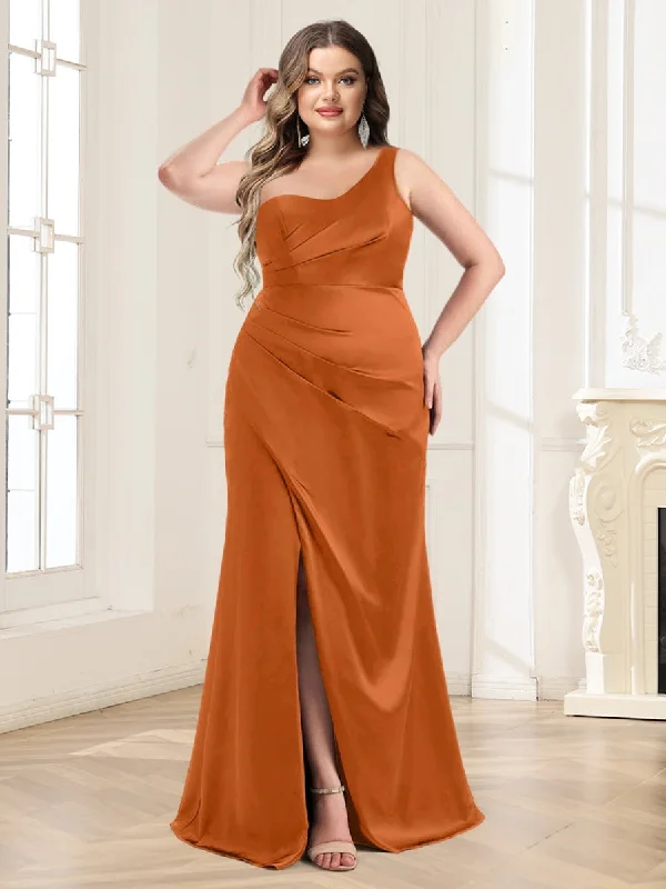 Sale Event, Prices Rock Flowy Fabric Trumpet/Mermaid One-Shoulder Floor-Length Plus Size Ruched Bridesmaid Dresses